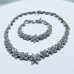 Bogoff, Vintage Floral Silver & Crystal Necklace & Bracelet Set 1950’s, Stunning